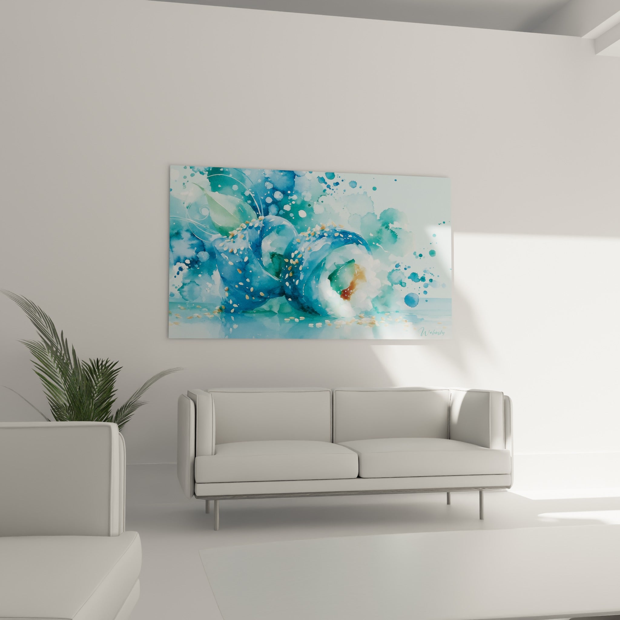 Rouleau de sushi turquoise et vert sauge aux éclaboussures d'aquarelle, au-dessus d'un canapé dans un salon lumineux