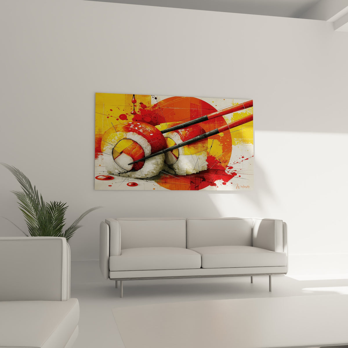 Baguettes noires tenant des makis colorés positionnées au-dessus d'un canapé dans un salon lumineux