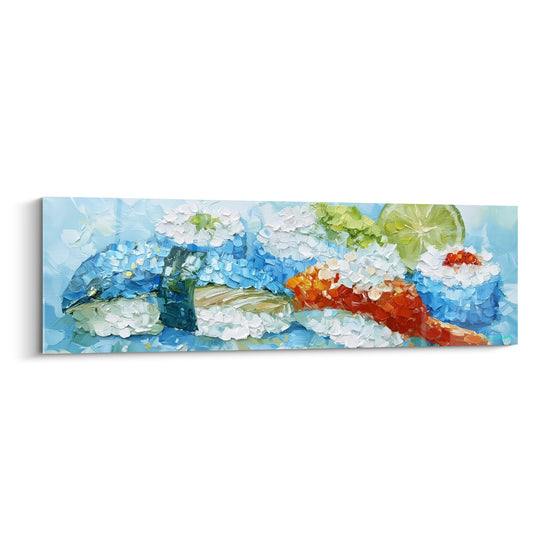 Sushis empâtés bleu turquoise et orange vif sur fond clair, technique picturale texturée
