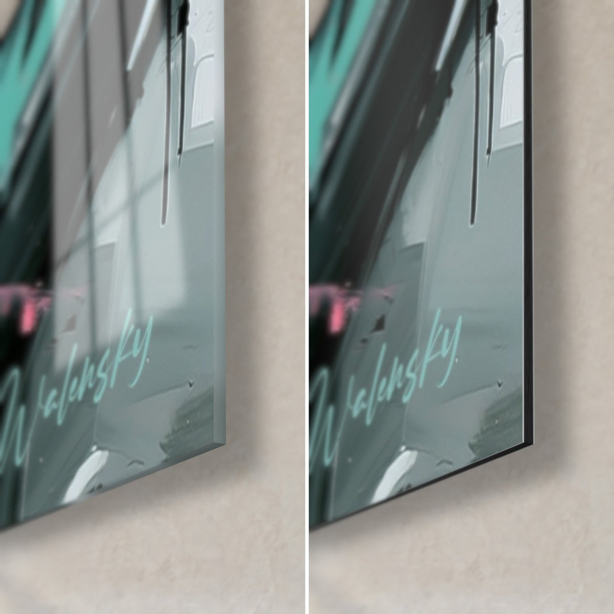 Wall art abstract turquoise and pink sushi, bottom right corner: glossy acrylic glass on the left, matte Dibond aluminium on the right, 3 mm edge