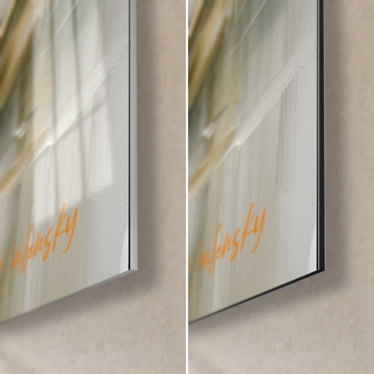 Tableau sushi à la peinture épaisse, coin bas droit : verre acrylique brillant aux reflets et alu Dibond mat noir, tranche de 3 mm, signature orange