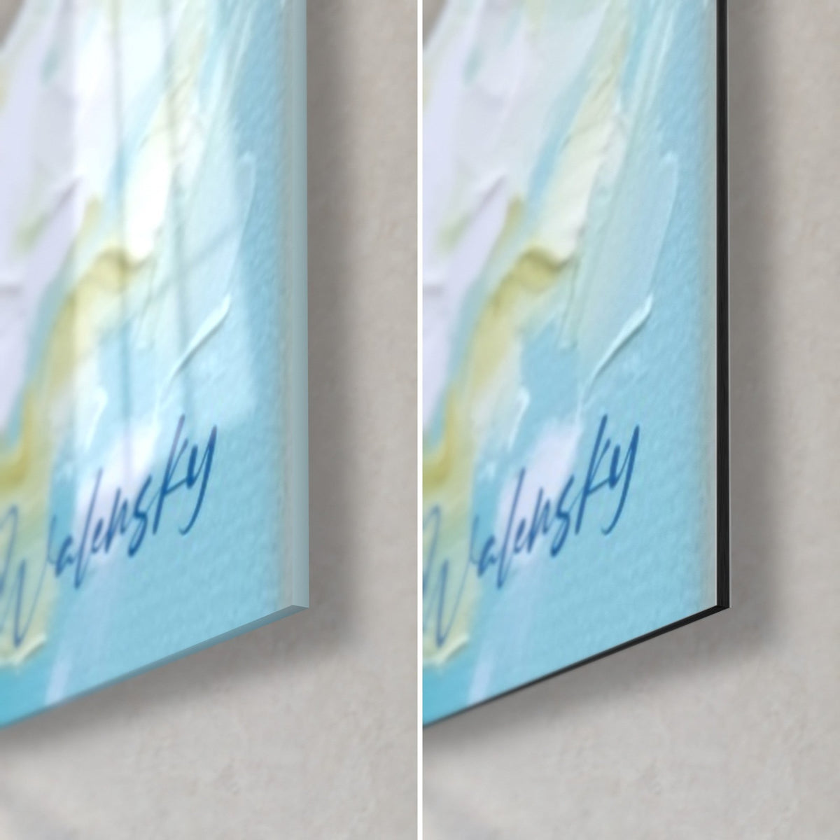 Wall art of maki painted with a palette knife, sky blue and pearly white areas, Walensky signature, bottom right corner in shiny glass and matte Dibond