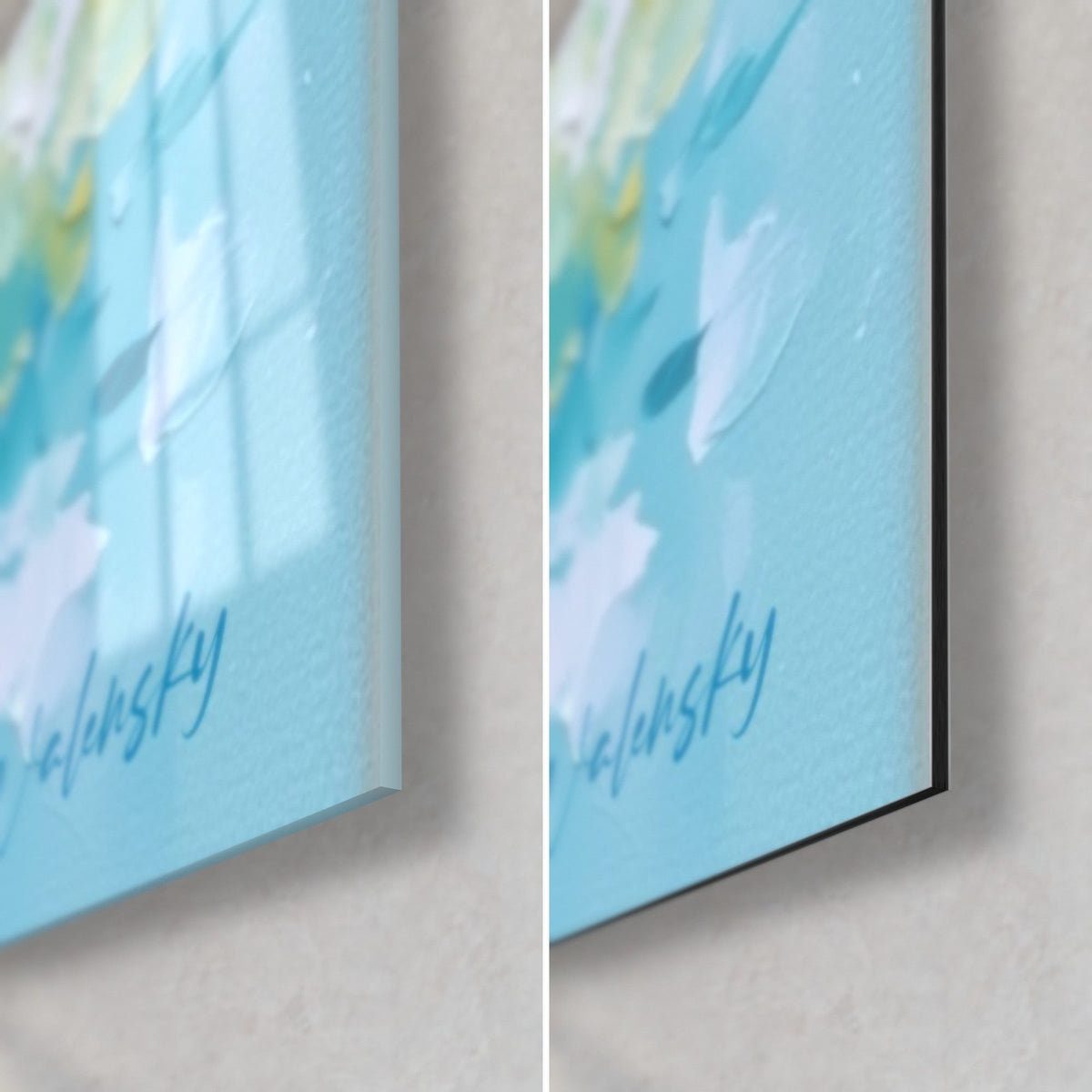 Gemälde Eis-Maki in Himmelblau und Weiß, untere rechte Ecke, Walensky-Signatur, glänzendes Acrylglas und mattes schwarzes Dibond