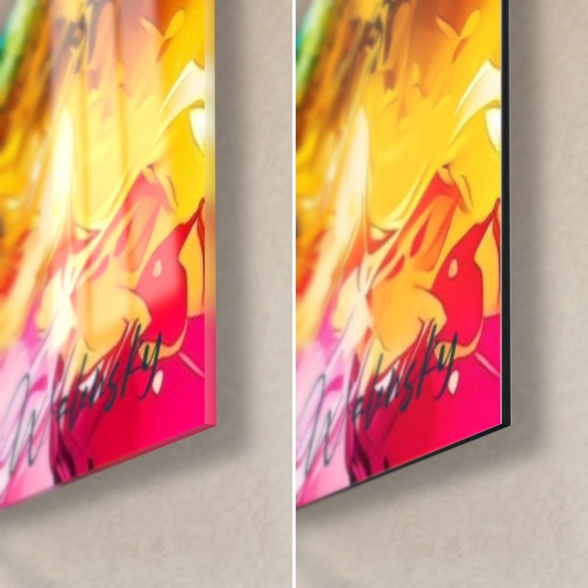 Quadro di maki in fucsia e giallo, angolo in basso a destra: vetro acrilico lucido e alluminio Dibond opaco, spessore 3 mm