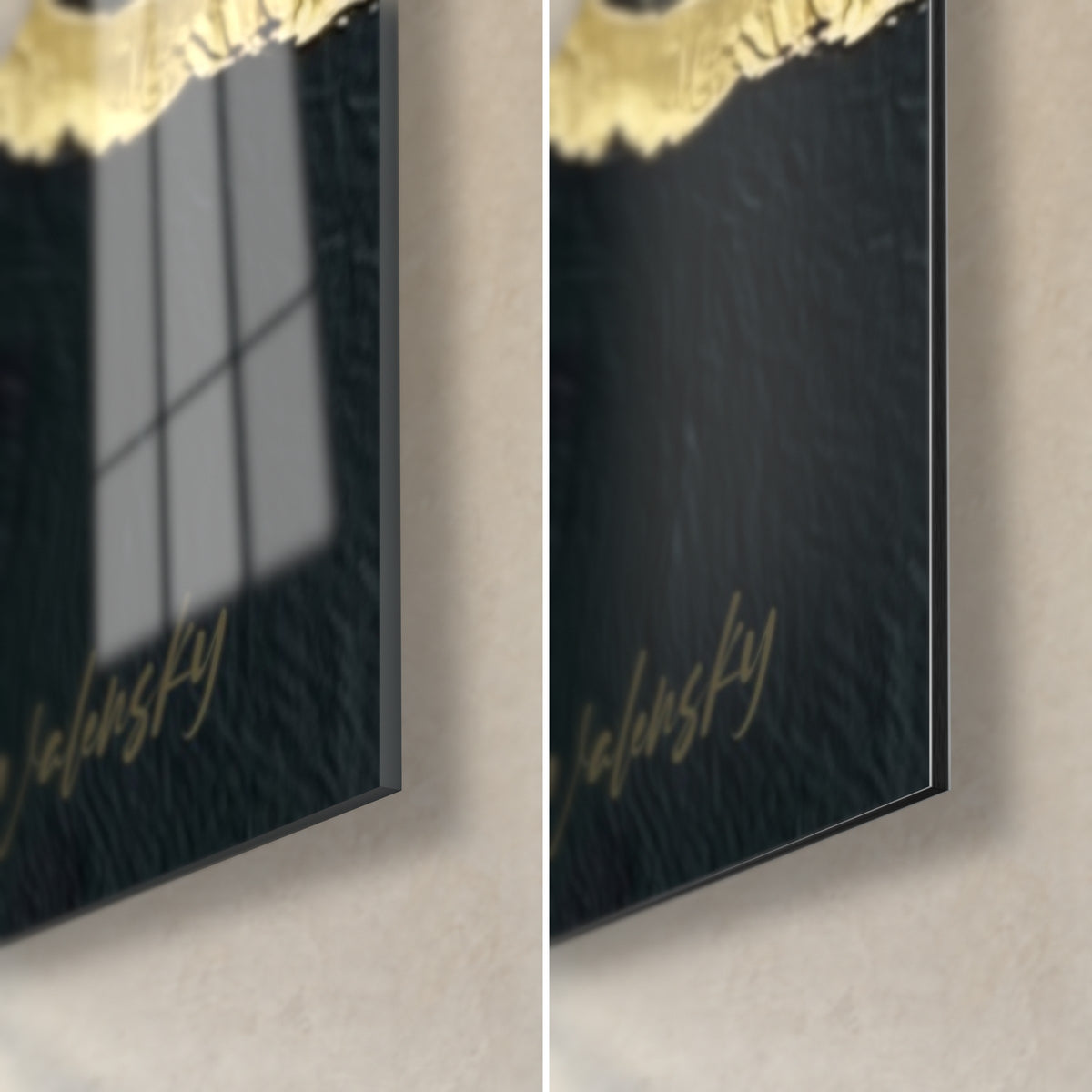 Tableau sushis dorés sur noir, coin bas droit en verre acrylique brillant à gauche et alu Dibond mat à droite, tranche de 3 mm