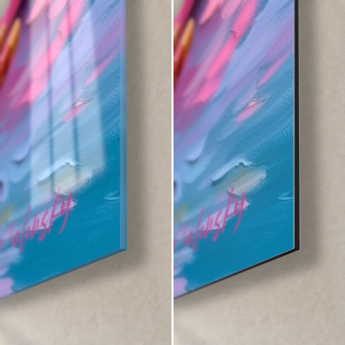 Wall art of a tray of pink sushi in thick impasto, bottom right corner: glossy acrylic glass on the left, matte black Dibond on the right