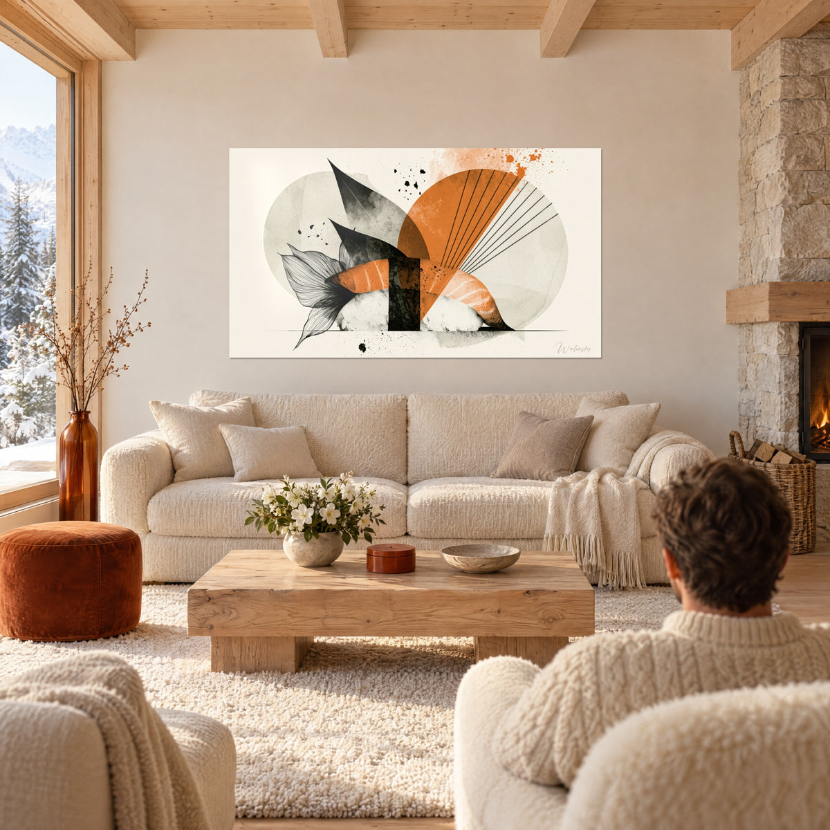 Gemälde Nigiri Lachs orange und schwarz auf beigen Kreisen, gezeichnete Flosse, Paar von hinten, über einem Sofa in einem hellen Wohnzimmer