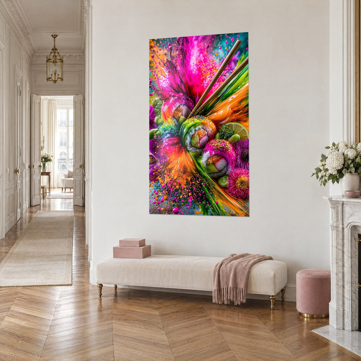 Quadro rotoli di sushi ricoperti di sesamo rosa, schizzi magenta e arancio, lime ed edamame, vista di tre quarti in un corridoio in stile haussmanniano