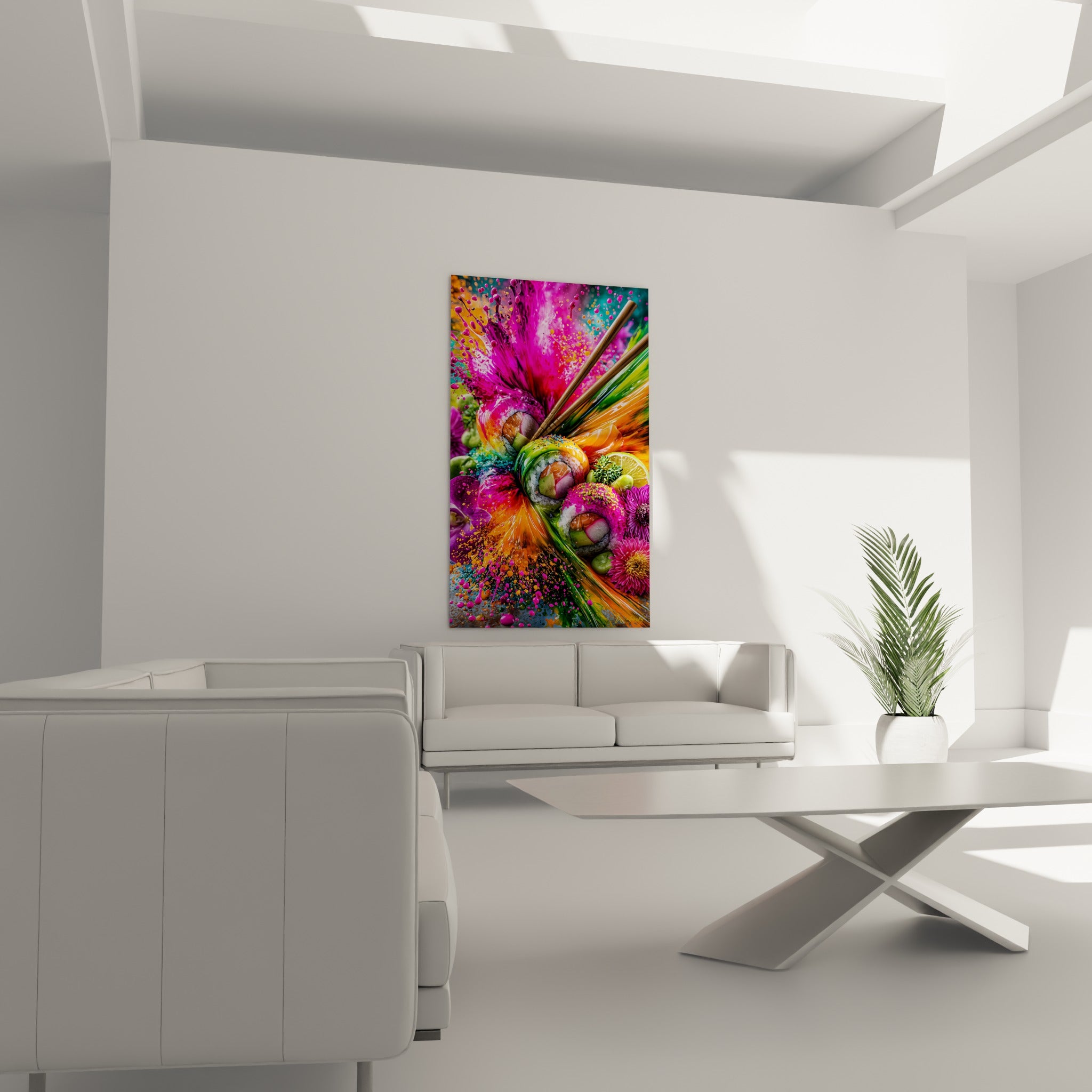 Composition sushi orange et fuchsia entourée de fleurs violettes, au-dessus d'un canapé dans un salon lumineux