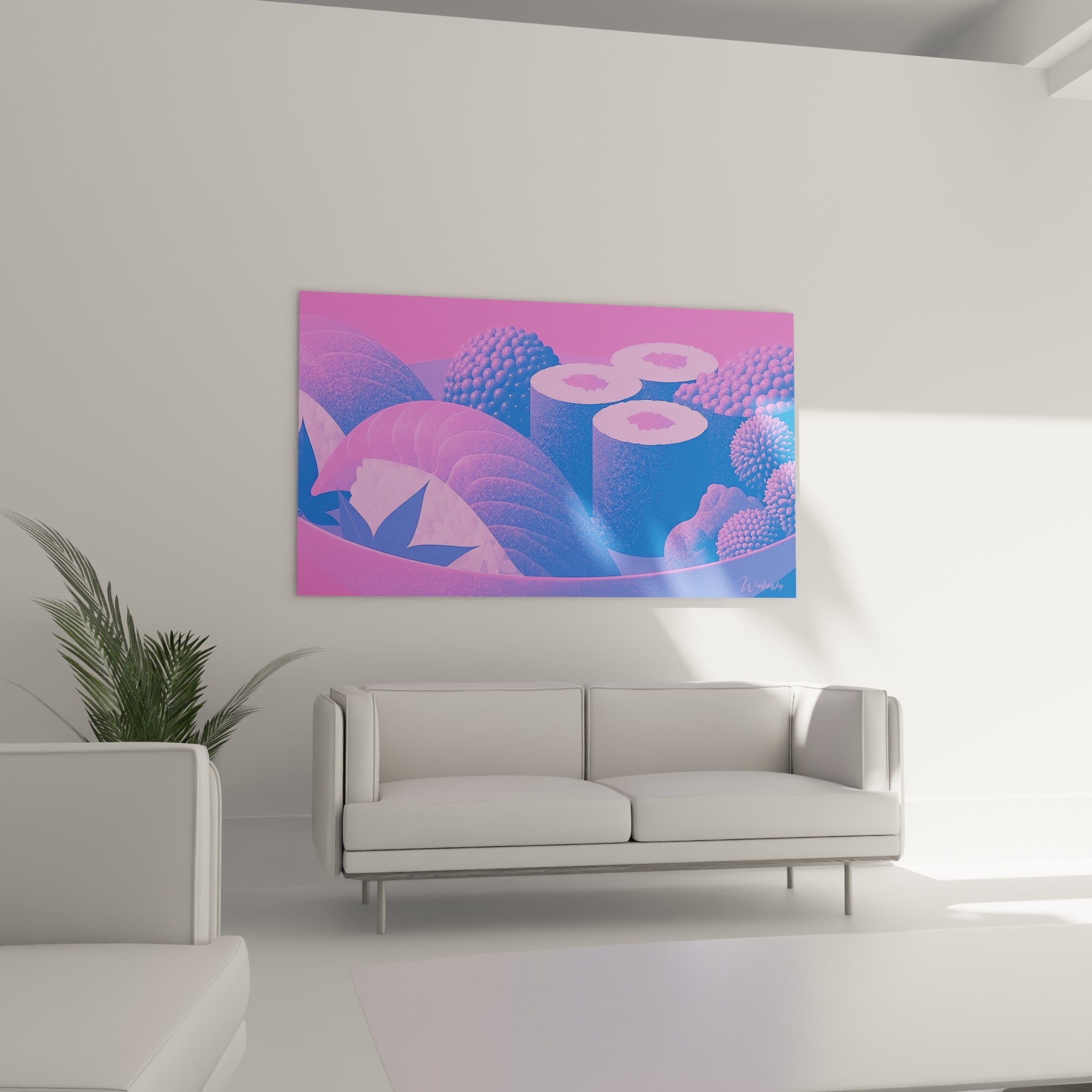 Makis stylisés aux teintes fuchsia et bleu profond installés au-dessus d'un canapé dans un salon lumineux.