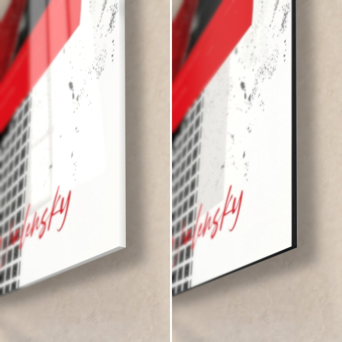 Tableau sushi rouge et noir, coin bas droit : verre acrylique brillant à gauche, alu Dibond blanc mat à droite, tranche fine