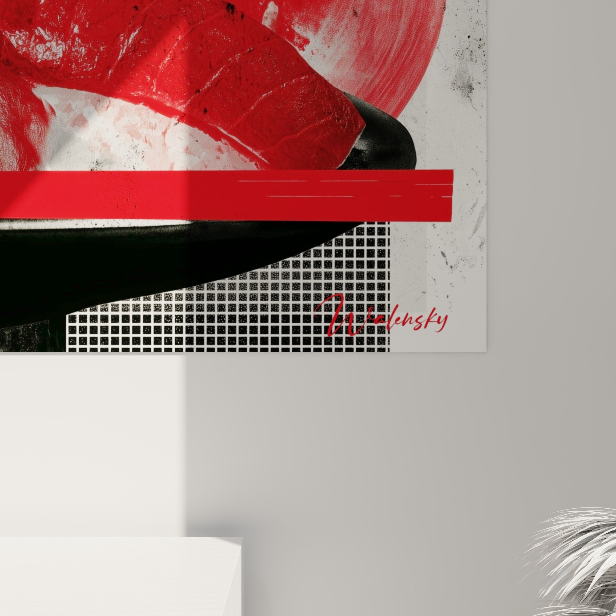 Grain sérigraphié rouge et noir révélant la texture demi-ton des nigiri et du torii imprimé