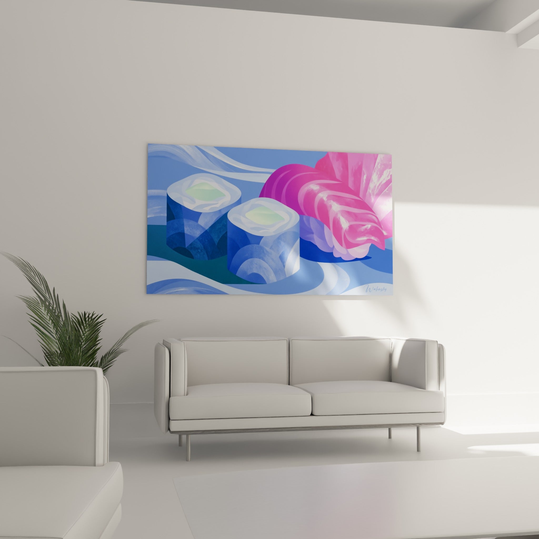 Sushi stylisé aux tons bleu ciel et gingembre fuchsia disposé au-dessus d'un canapé dans un salon lumineux