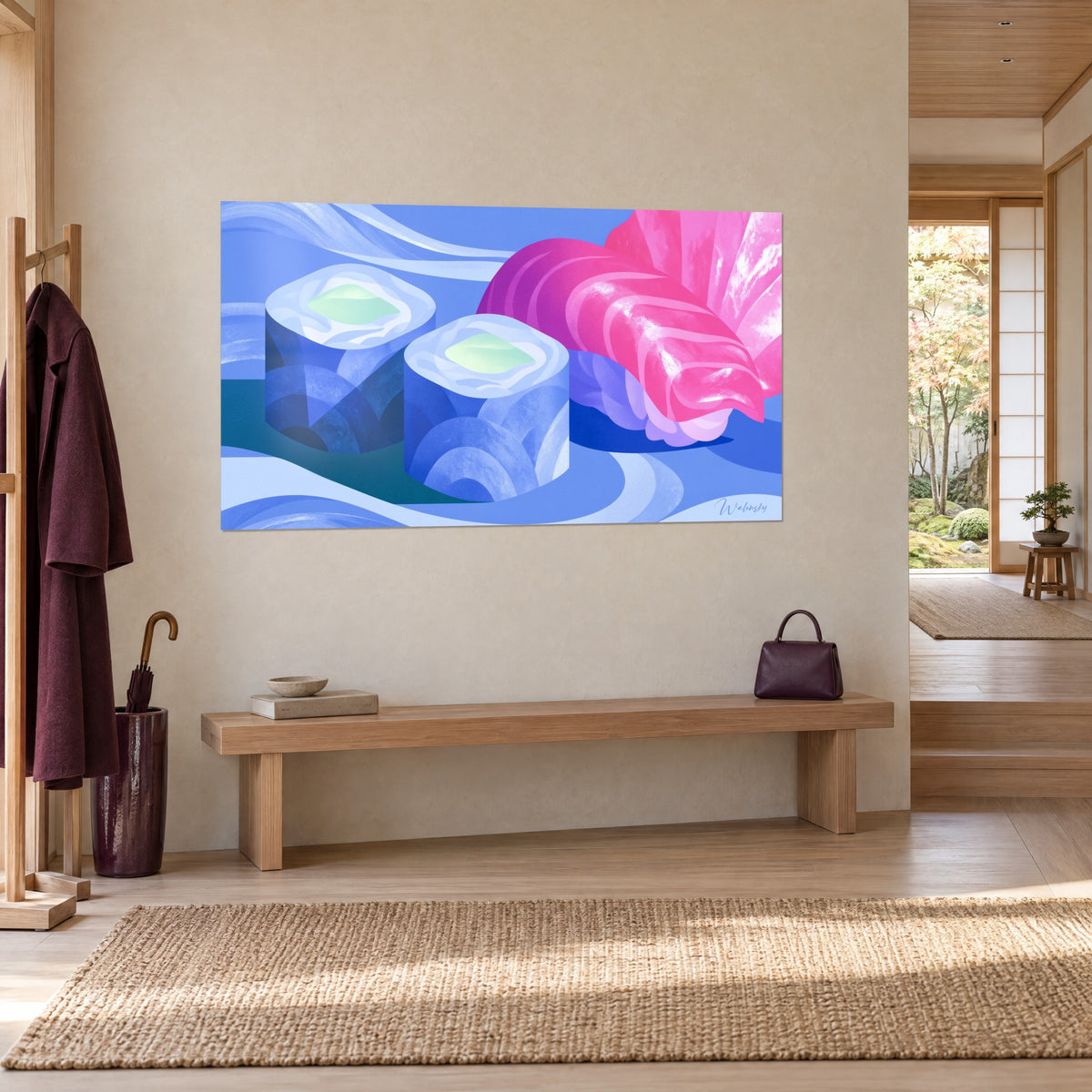 Schilderij van geometrische sushi in koningsblauw en lavendel, glanzende felroze zalmplak, opgehangen boven een bank van licht hout
