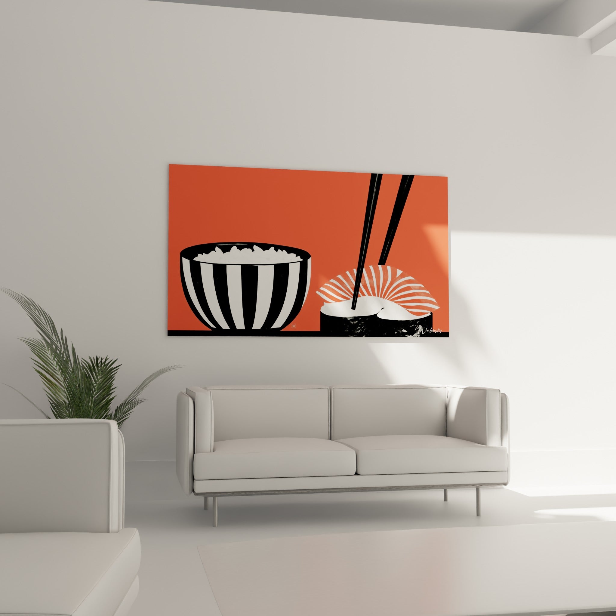 Scène de sushi graphique noir, blanc et corail au-dessus d'un canapé dans un salon lumineux