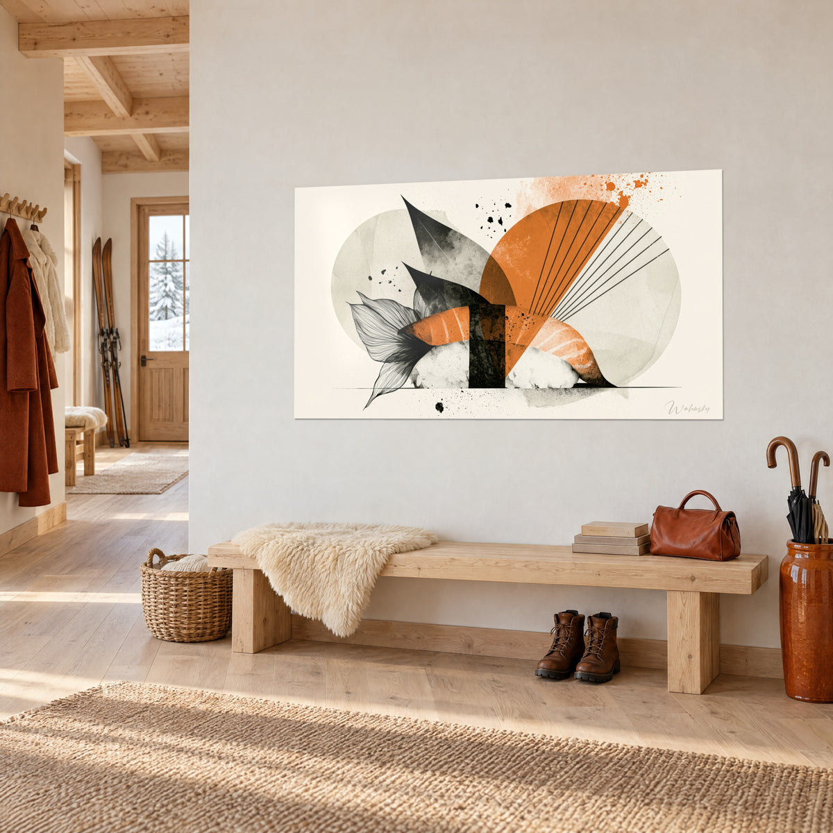 Wall art sushi with vivid orange salmon, black nori sheet and fan of fine lines, white wall, wooden bench of the chalet