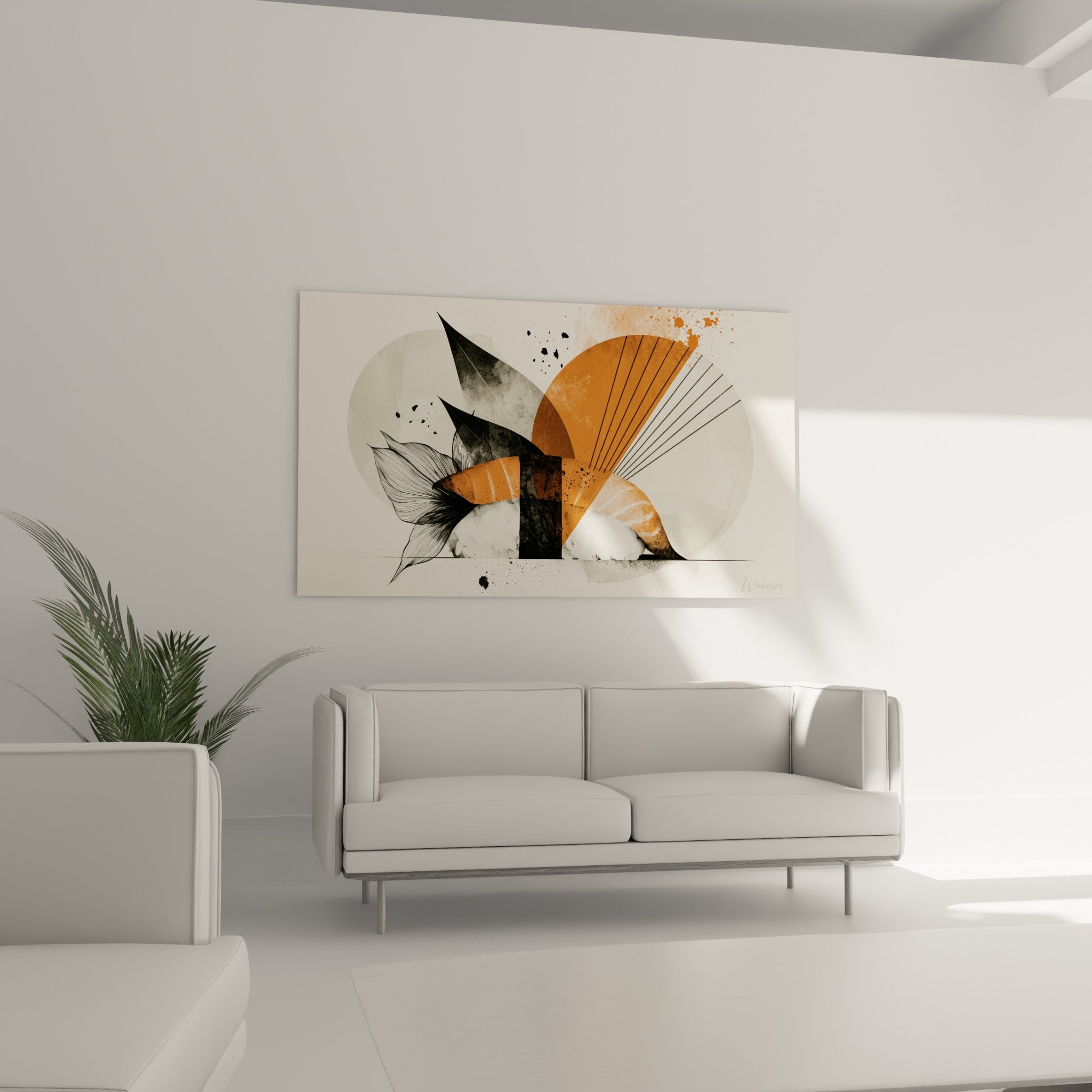 Illustration nigiri saumon aux tons orange vif et noir profond, disposée au-dessus d'un canapé dans un salon lumineux