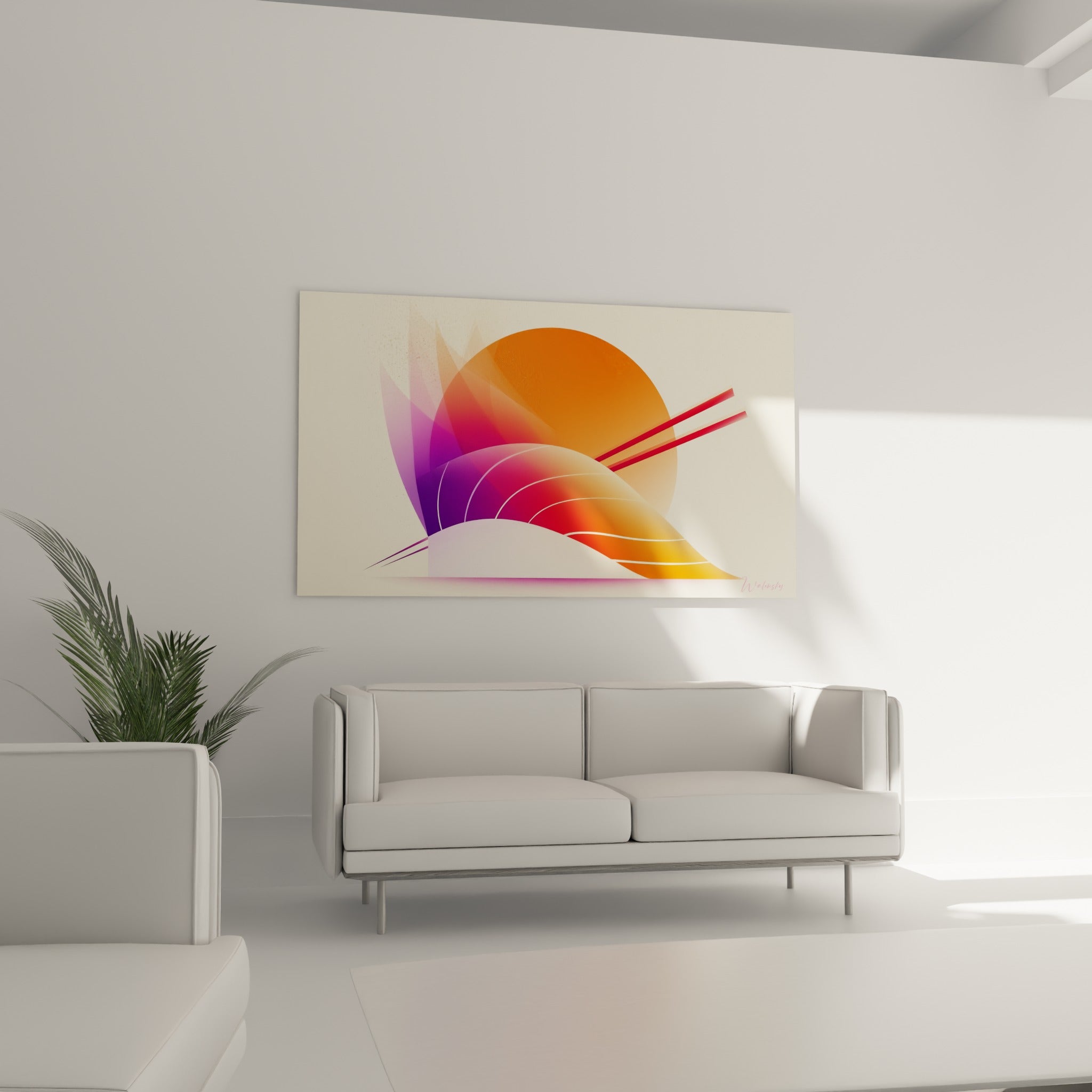 Composition abstraite rouge et violette inspirée du sushi, au-dessus d'un canapé dans un salon lumineux