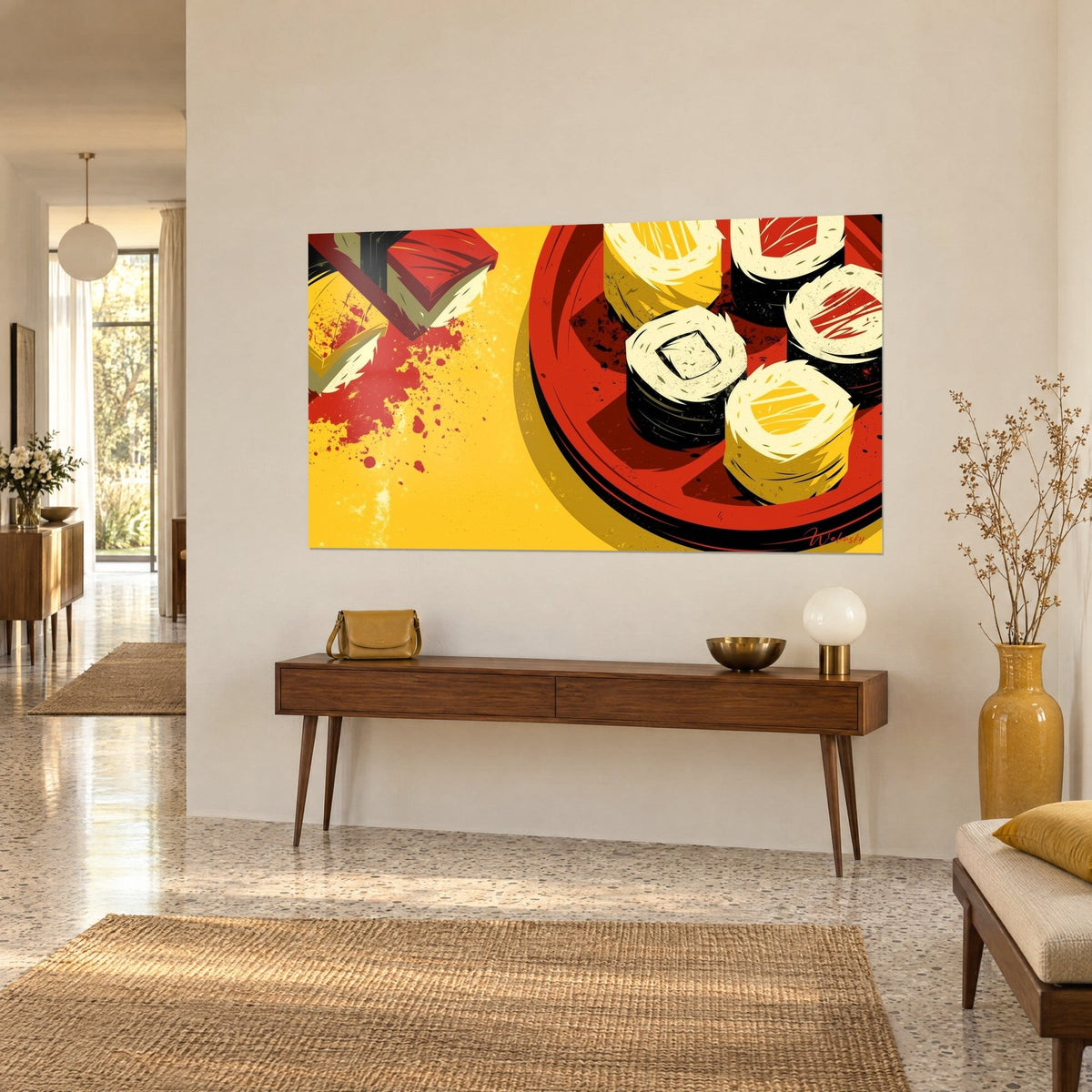 Tableau assiette ronde de rouleaux de sushi, éclaboussures rouges sur fond jaune vif, accroché au-dessus d'une console en bois