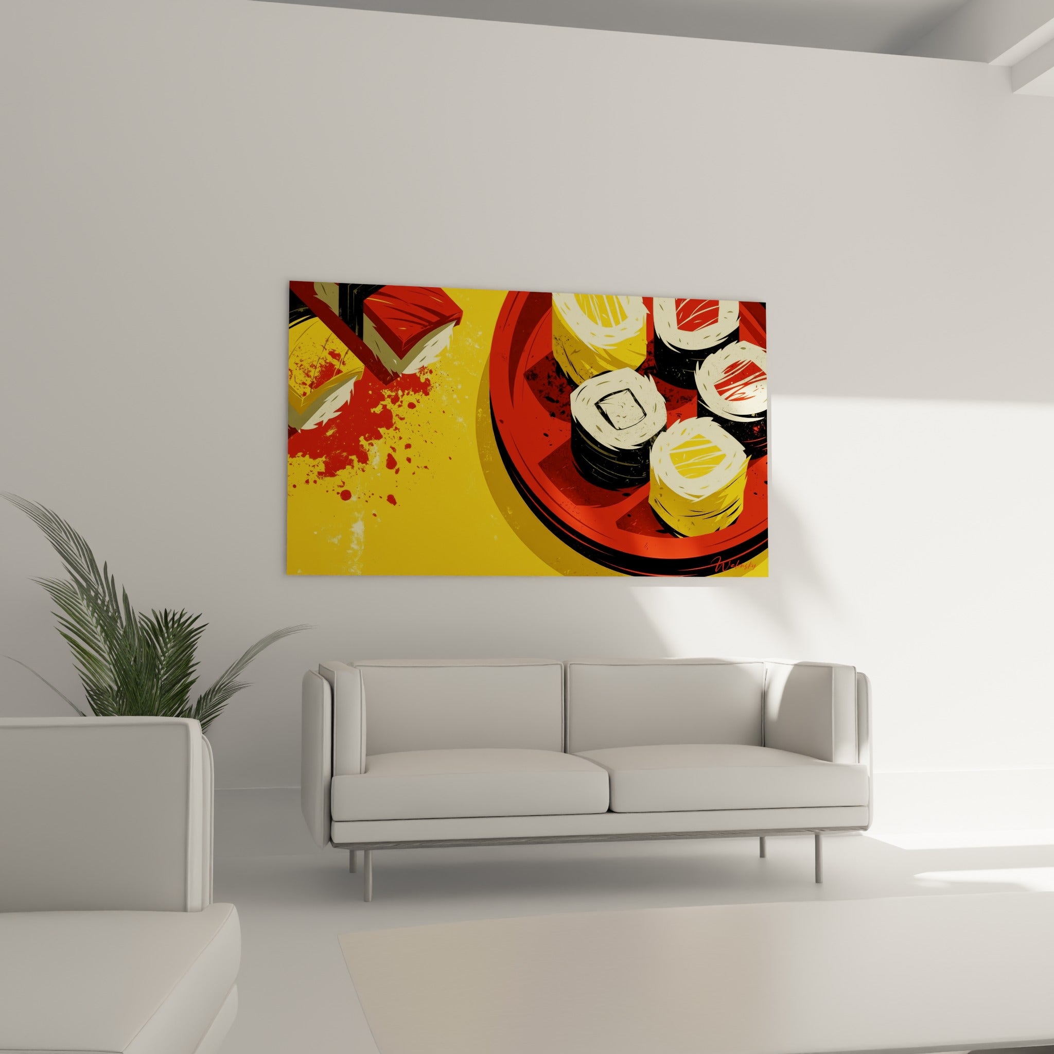 Assiette de makis rouge et jaune vif installée au-dessus d'un canapé dans un salon lumineux