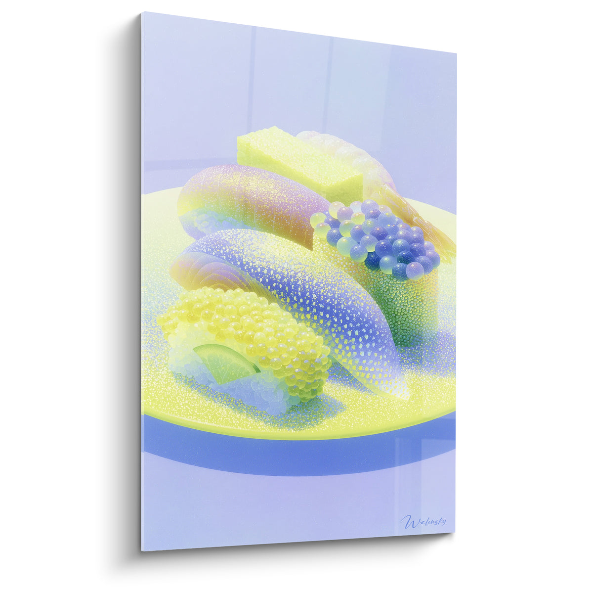 Sushis jaune citron et violet nacré posés sur une assiette dorée, traitement pointilliste lumineux
