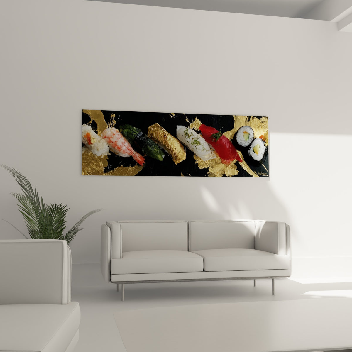 Pièces de sushi rouge et doré disposées en ligne, au-dessus d'un canapé dans un salon lumineux