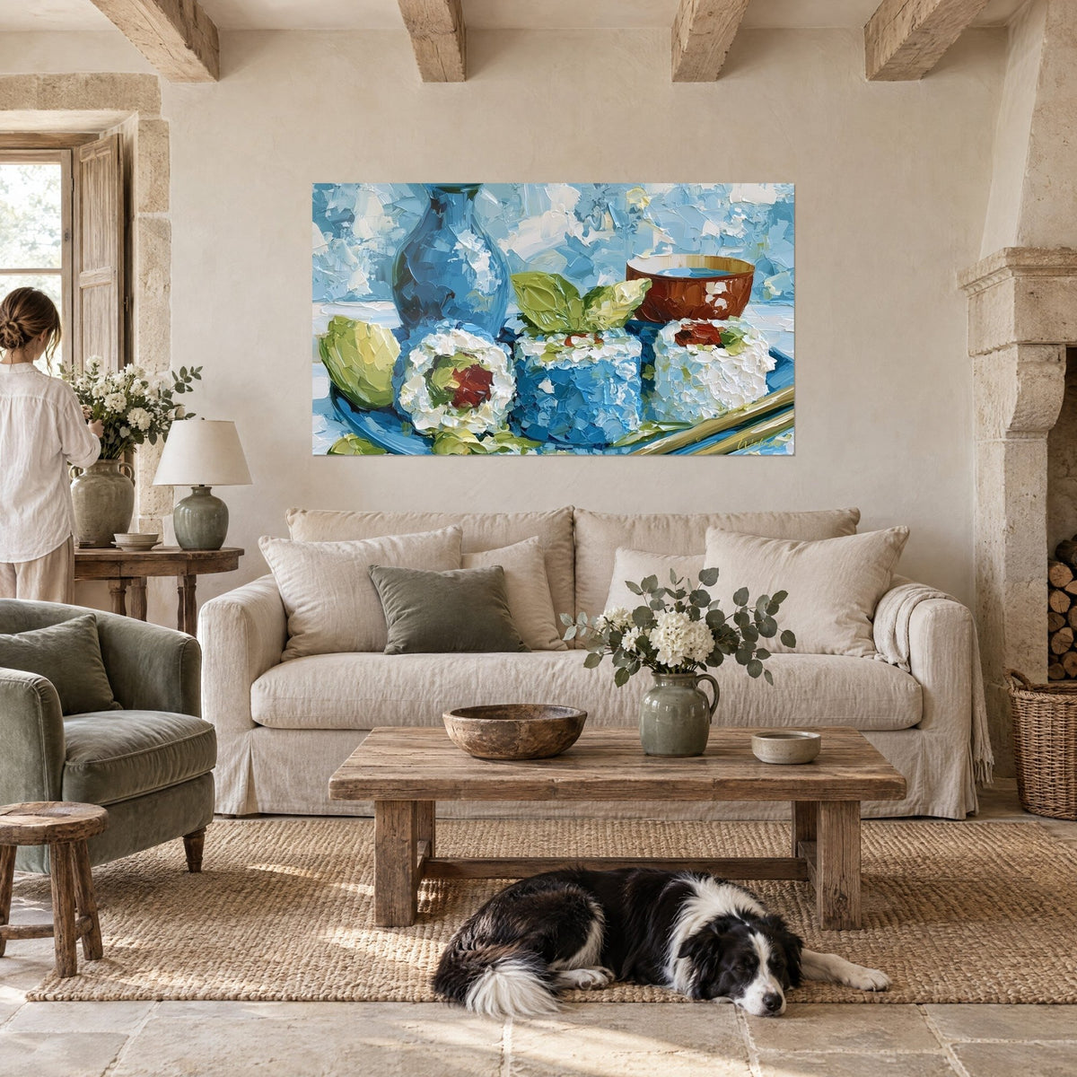 Wall art sushi maki with avocado in palette-knife painting, sky blue and cream white, cobalt blue carafe, collie lying down, above a sofa in a bright living room