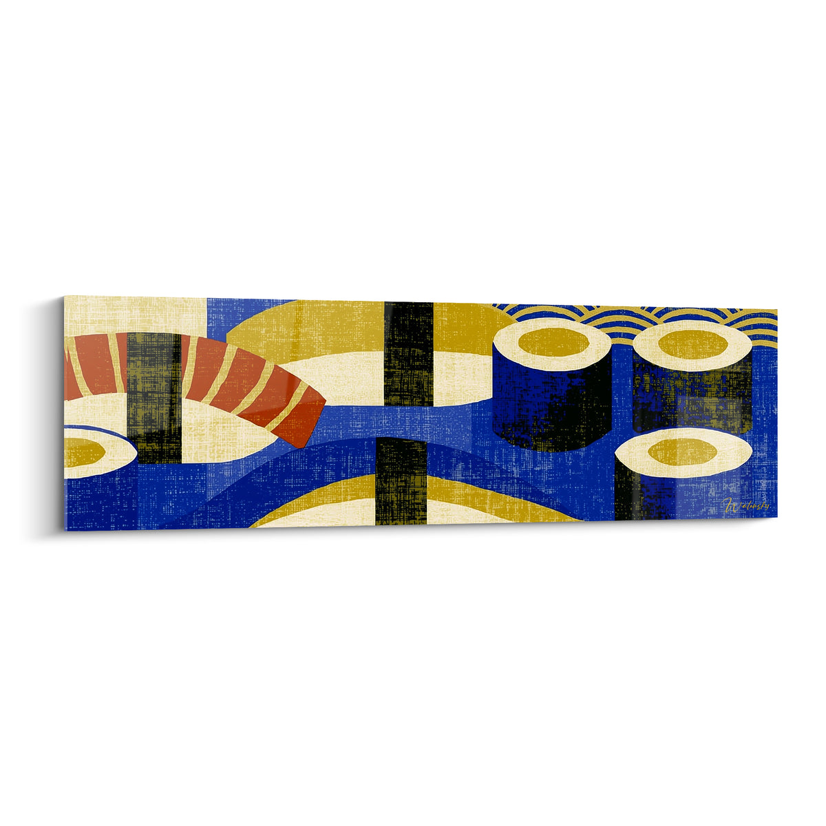Sushi maki bleu marine et doré, crevette rouge rayée, composition graphique sur fond ivoire texturé
