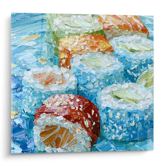 Makis bleu turquoise et terracotta peints en relief, textures épaisses de riz et de garniture au saumon