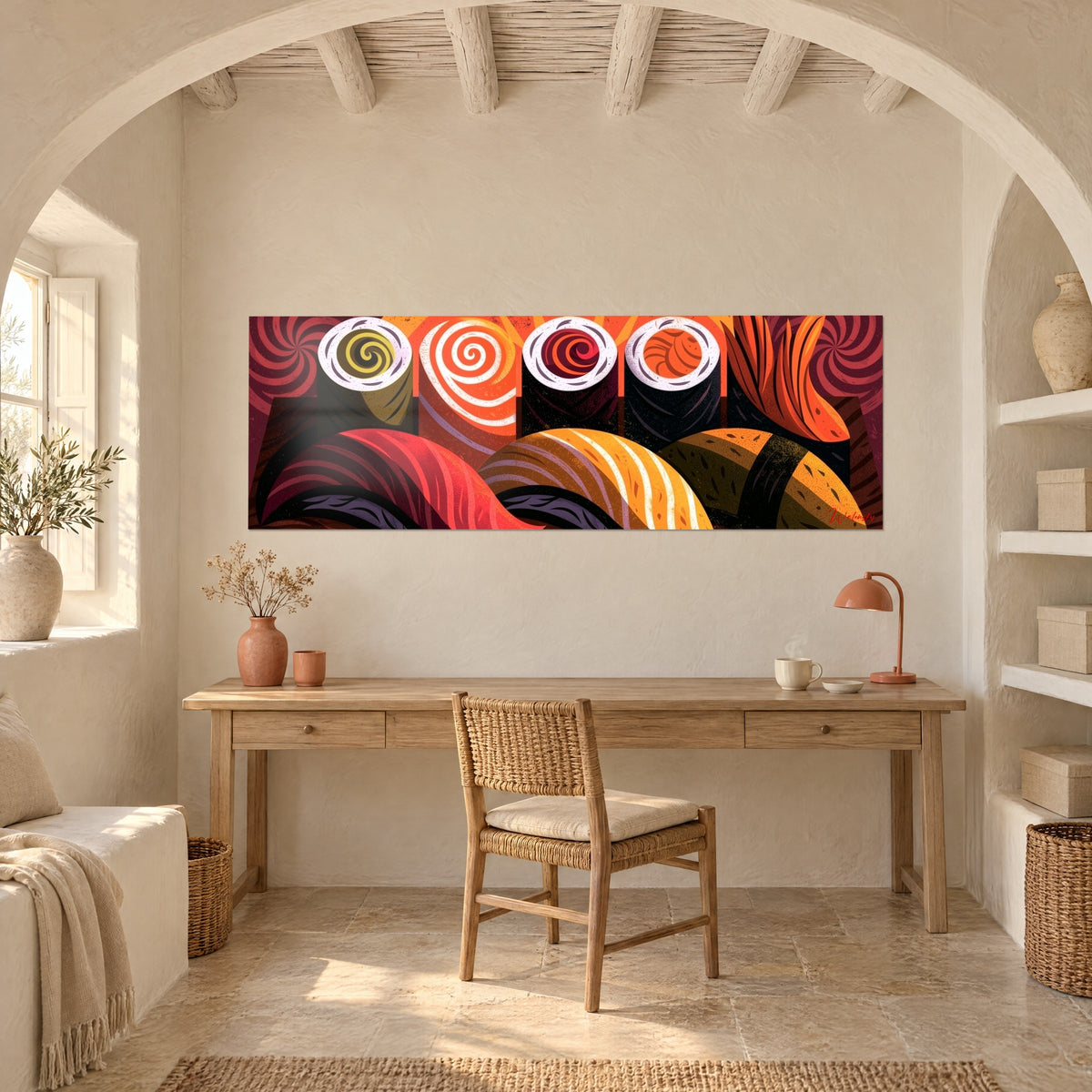 Wall art geometric sushi with ivory, saffron and purple stripes, hung above a light wood desk in a Mediterranean home