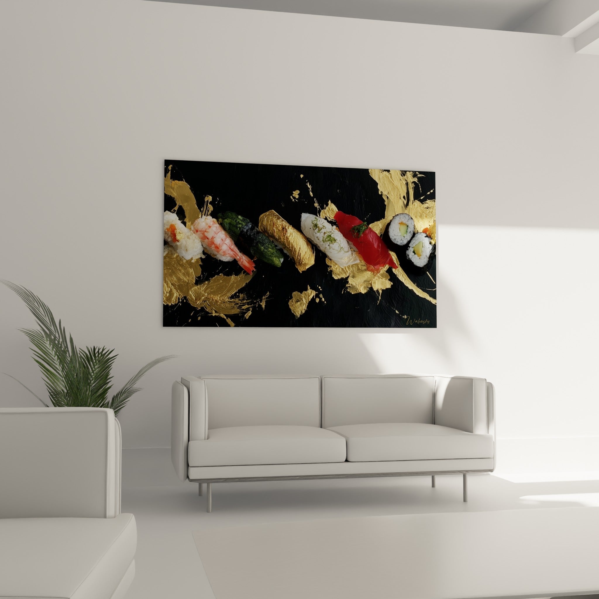 Composition sushi noir et or avec riz blanc et thon rouge au-dessus d'un canapé dans un salon lumineux
