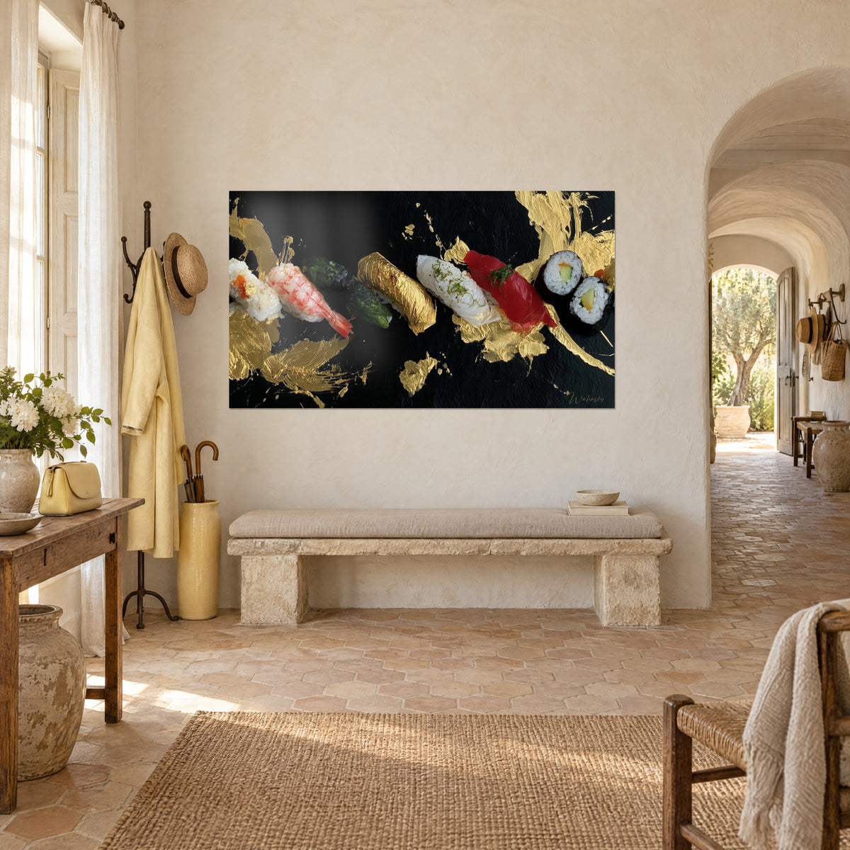 Tableau assortiment de sushis au thon rouge vif et feuille d'or, coups de pinceau dorés, vue de trois-quarts dans un couloir voûté