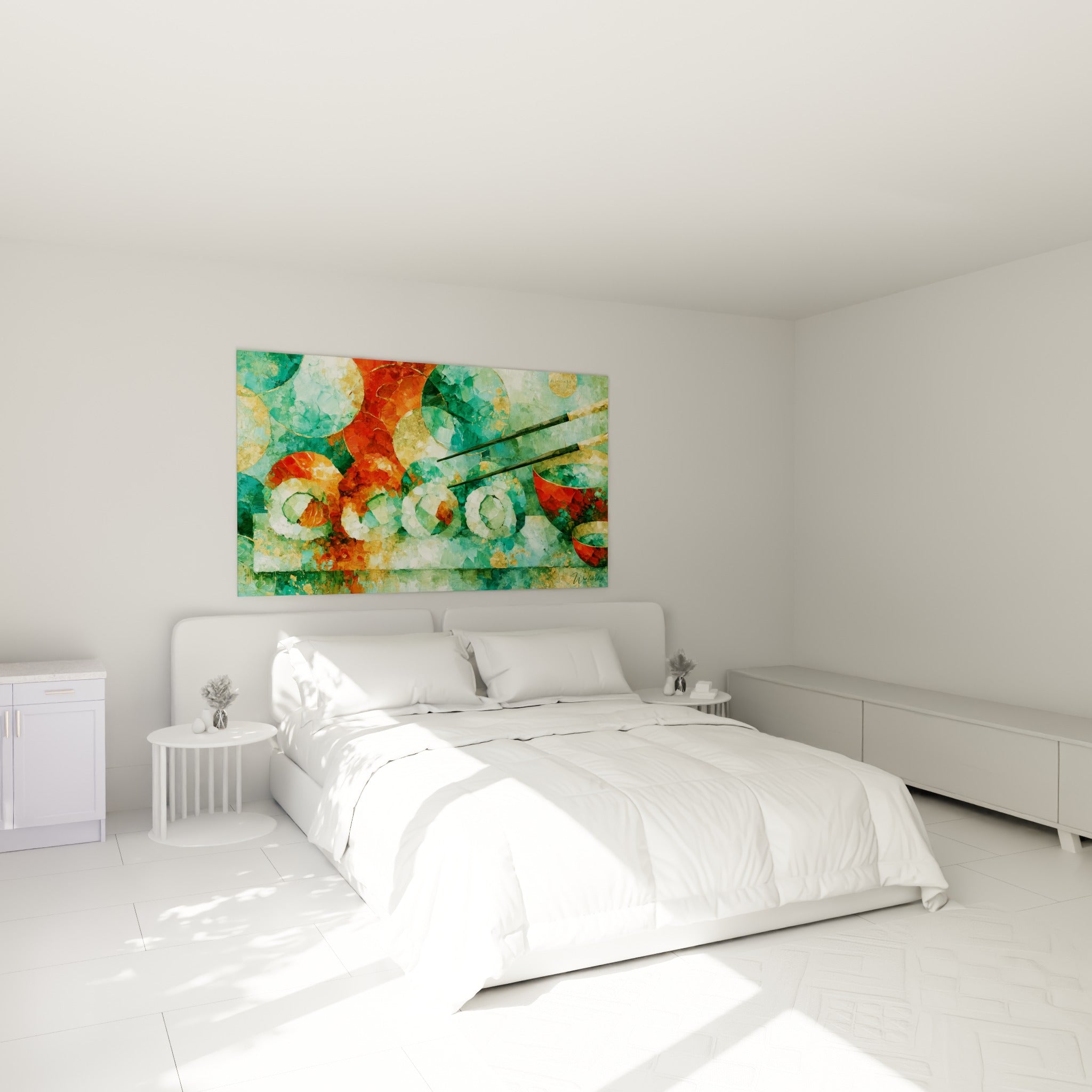 Rouleaux de sushi turquoise et dorés peints, accrochés au-dessus d'un lit dans une chambre claire