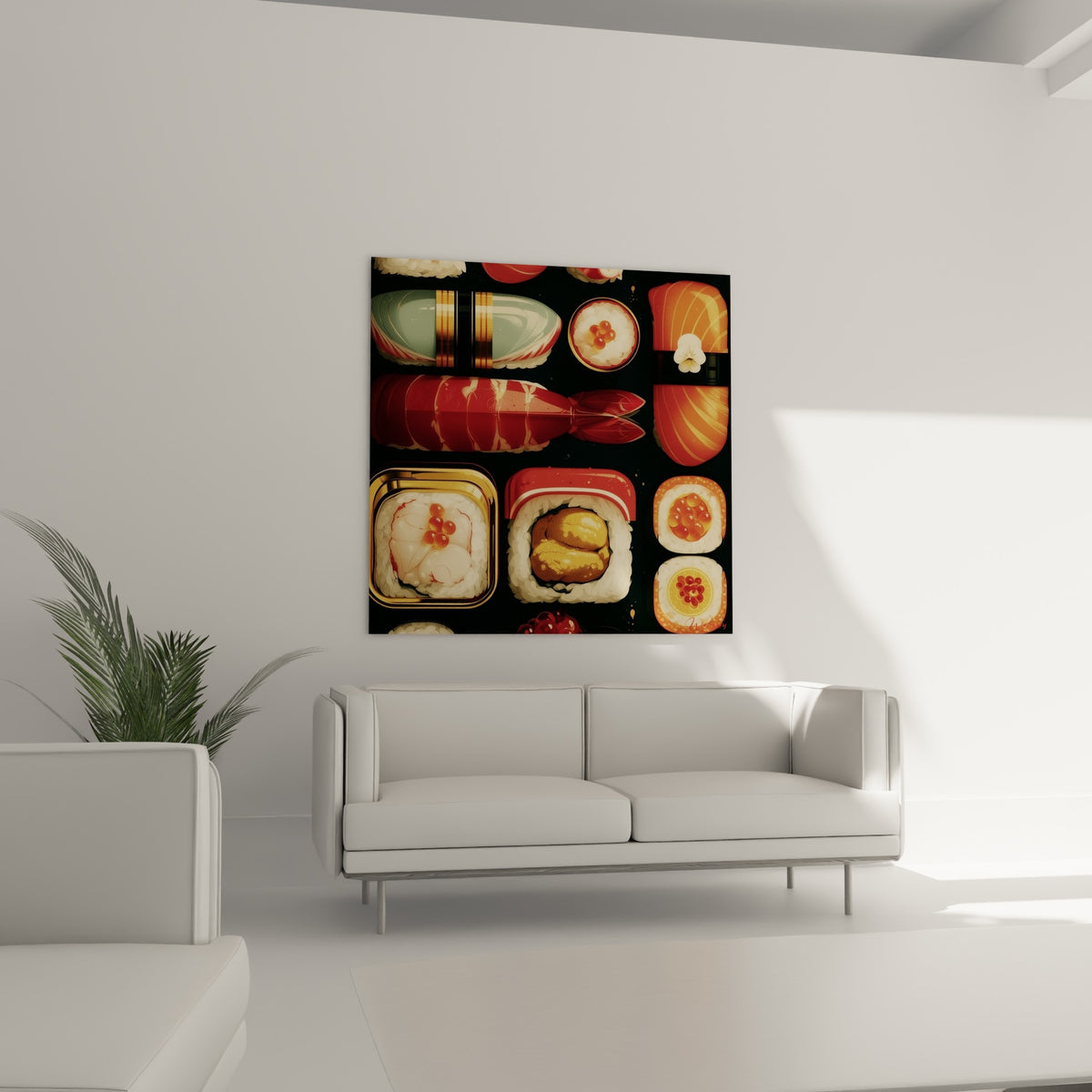 Plateau de sushis orangés et rouges au-dessus d'un canapé dans un salon lumineux