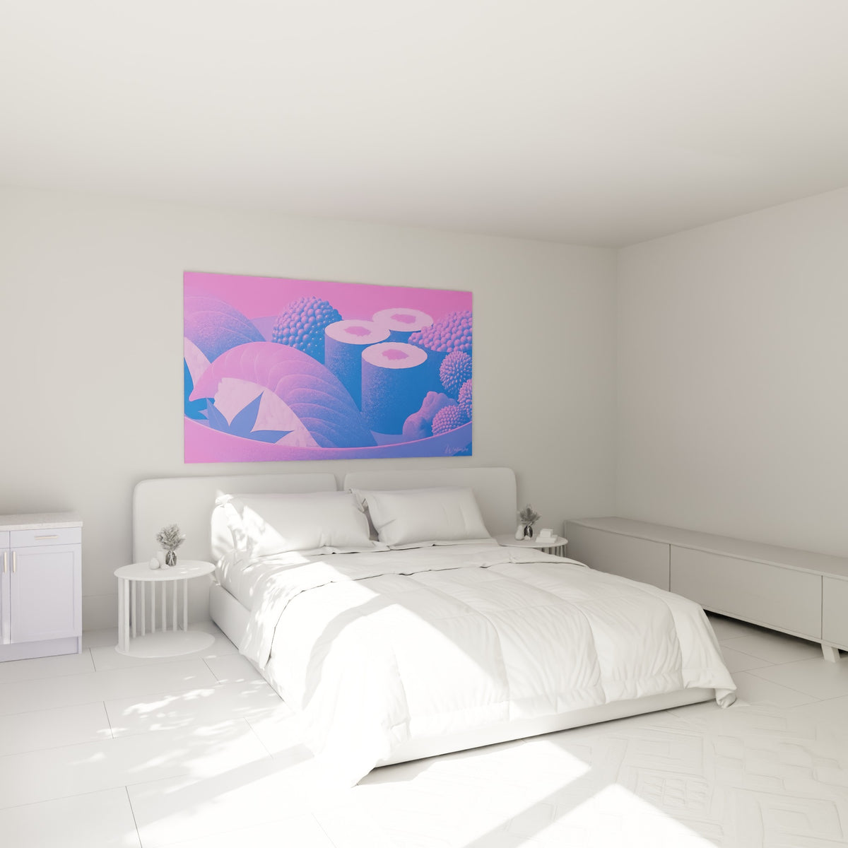Composition de sushis bleu marine et rose vif accrochée au-dessus d'un lit dans une chambre claire.