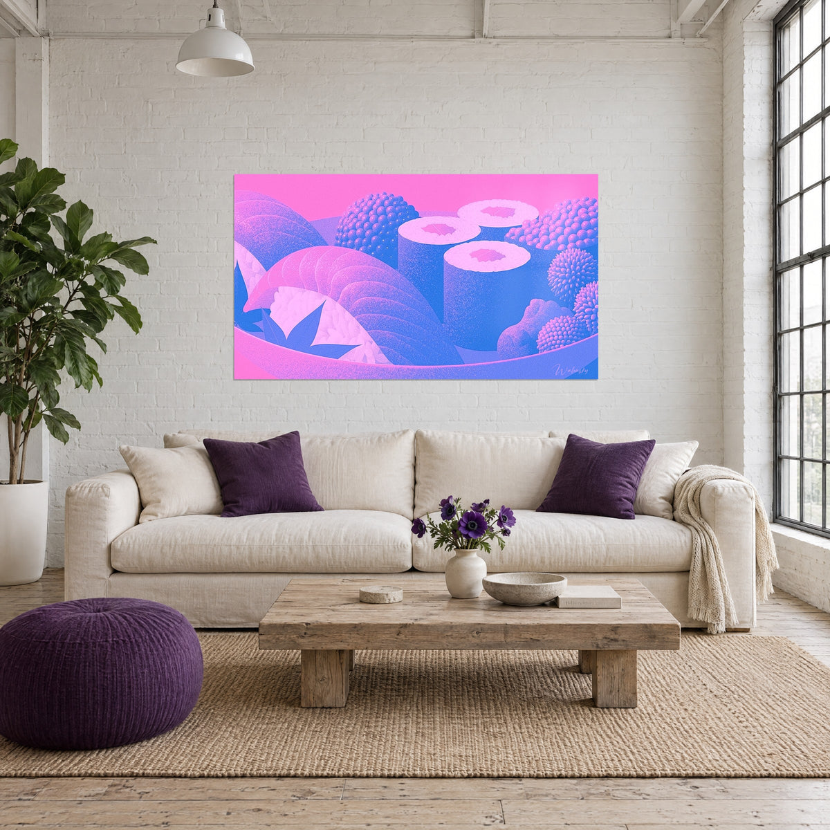 Tableau makis roses et bleus en grain texturé, sur un mur de briques blanches au-dessus d'un canapé dans un salon lumineux