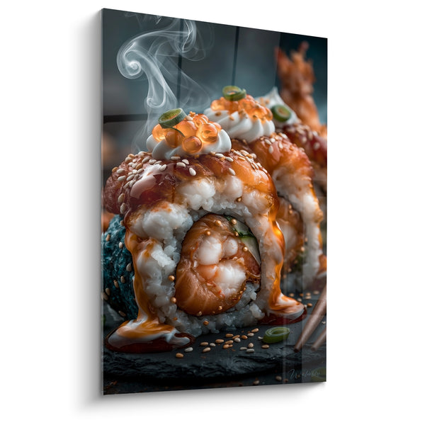 Tableau Sushi roll blanc et orange fourré de crevette - Ciboule fraîche et graines torréfiées - Edition Sushi