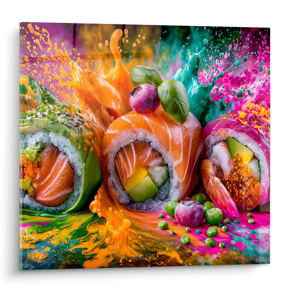 Tableau Rouleaux saumon orange et rose éclaboussés de radis - Crevette et petits pois - Edition Sushi