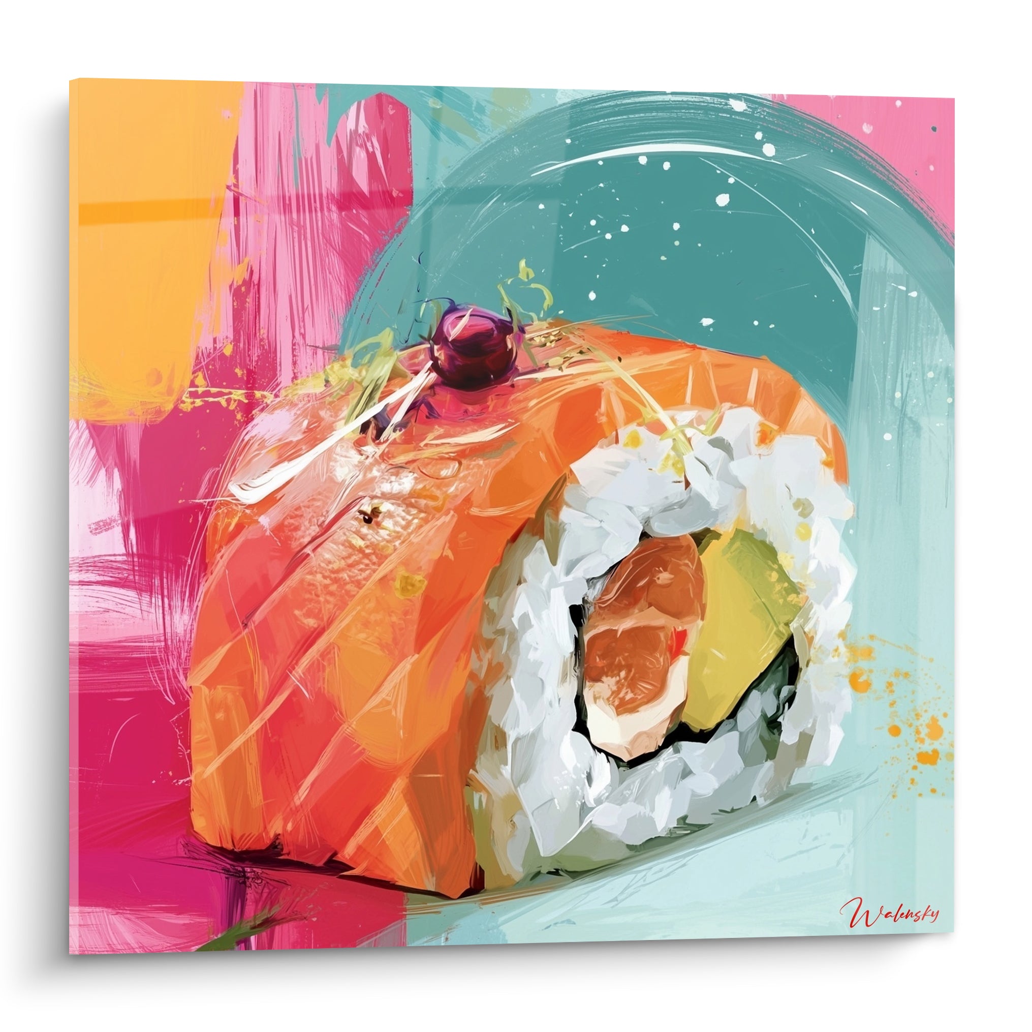 Maki saumon orange détaillé sur fond rose fuchsia et bleu turquoise avec éclaboussures dorées