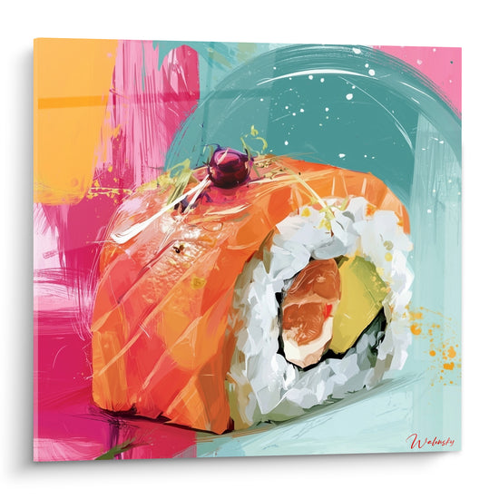 Maki saumon orange détaillé sur fond rose fuchsia et bleu turquoise avec éclaboussures dorées