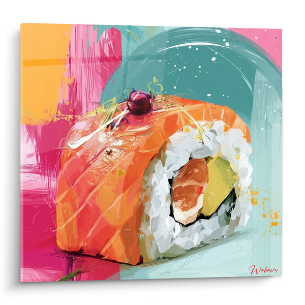 Tableau Sushi roll saumon orange et turquoise éclaboussé - Pousses de germe fraîches - Edition Sushi