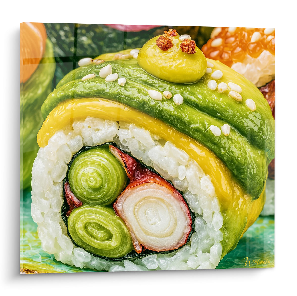 Maki géant vert avocat et jaune moutarde, riz blanc et surimi rouge visibles en coupe