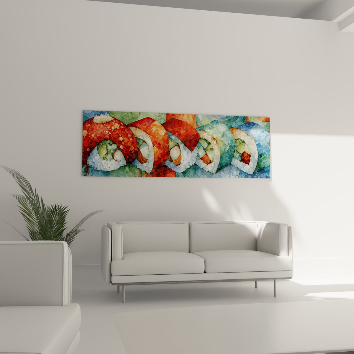 Composition de makis rouges et bleu ardoise disposée au-dessus d'un canapé dans un salon lumineux