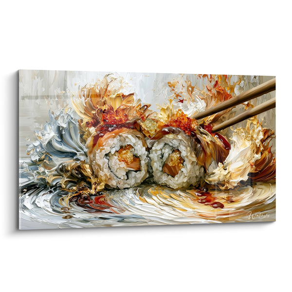 Tableau Sushi roll blanc et doré aux œufs de poisson - Vagues d'écume dorée - Edition Sushi