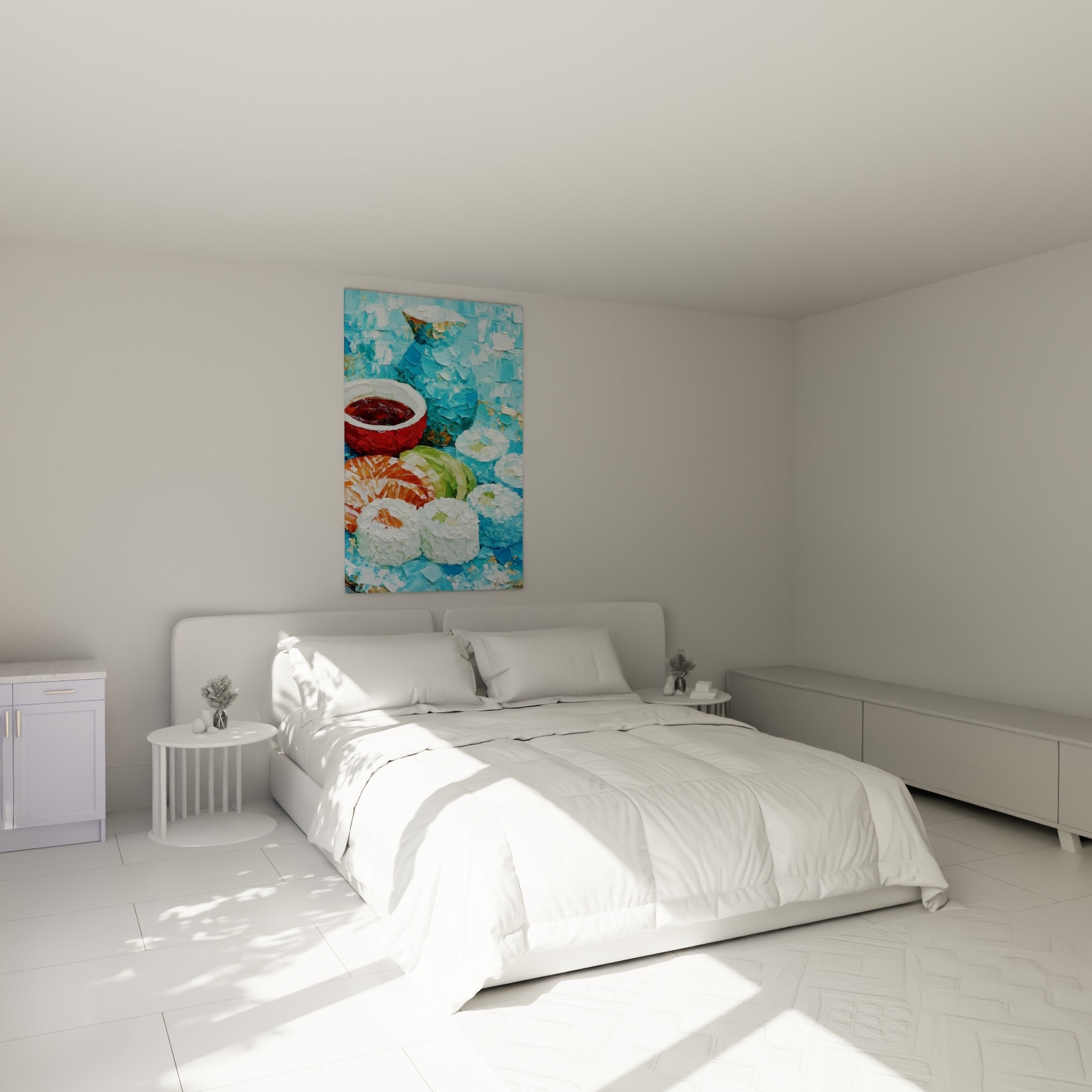 Makis blancs et saumon orangé sur fond bleu turquoise, au-dessus d'un lit dans une chambre claire