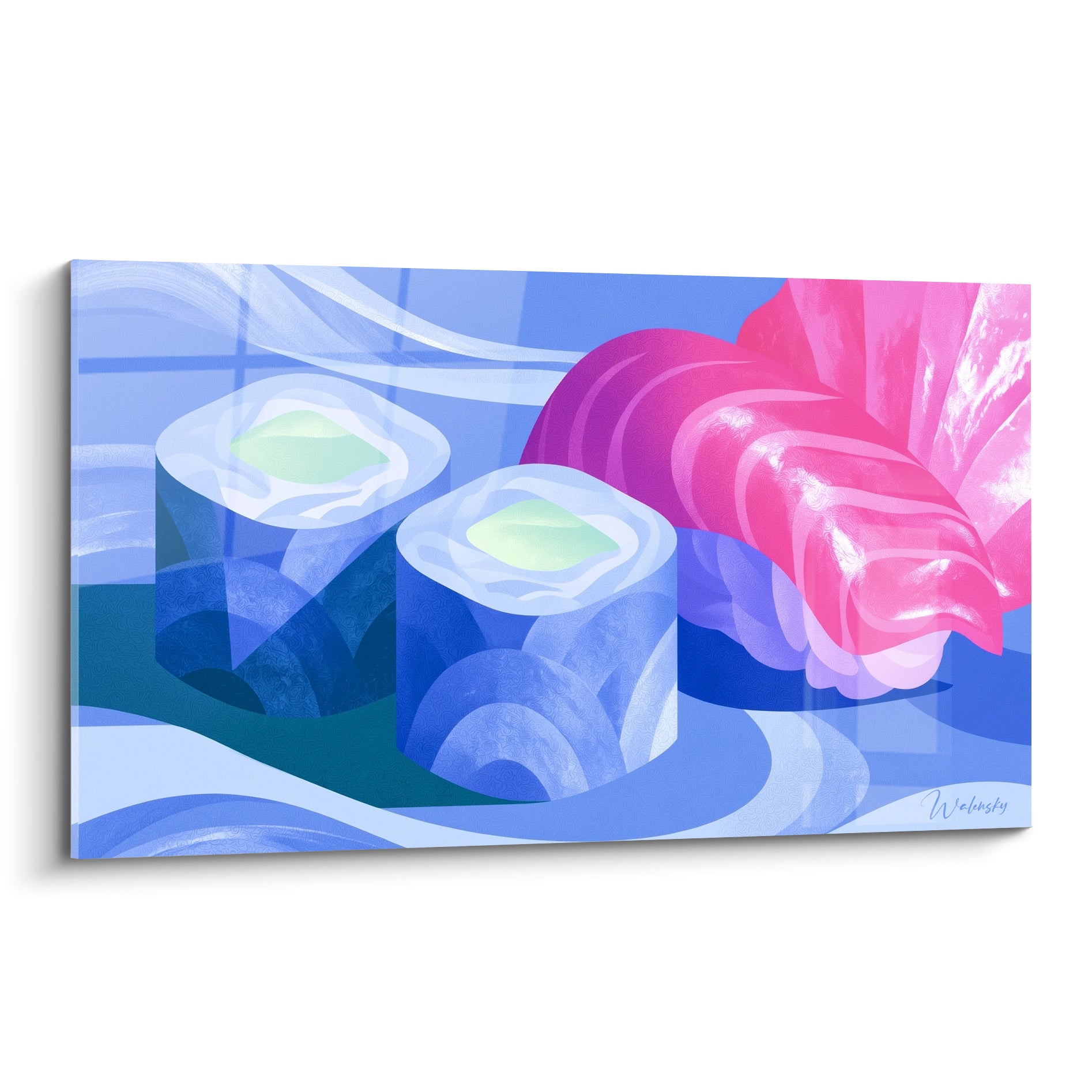 Makis bleu marine et gingembre rose fuchsia en composition graphique de style Sushi sur canevas