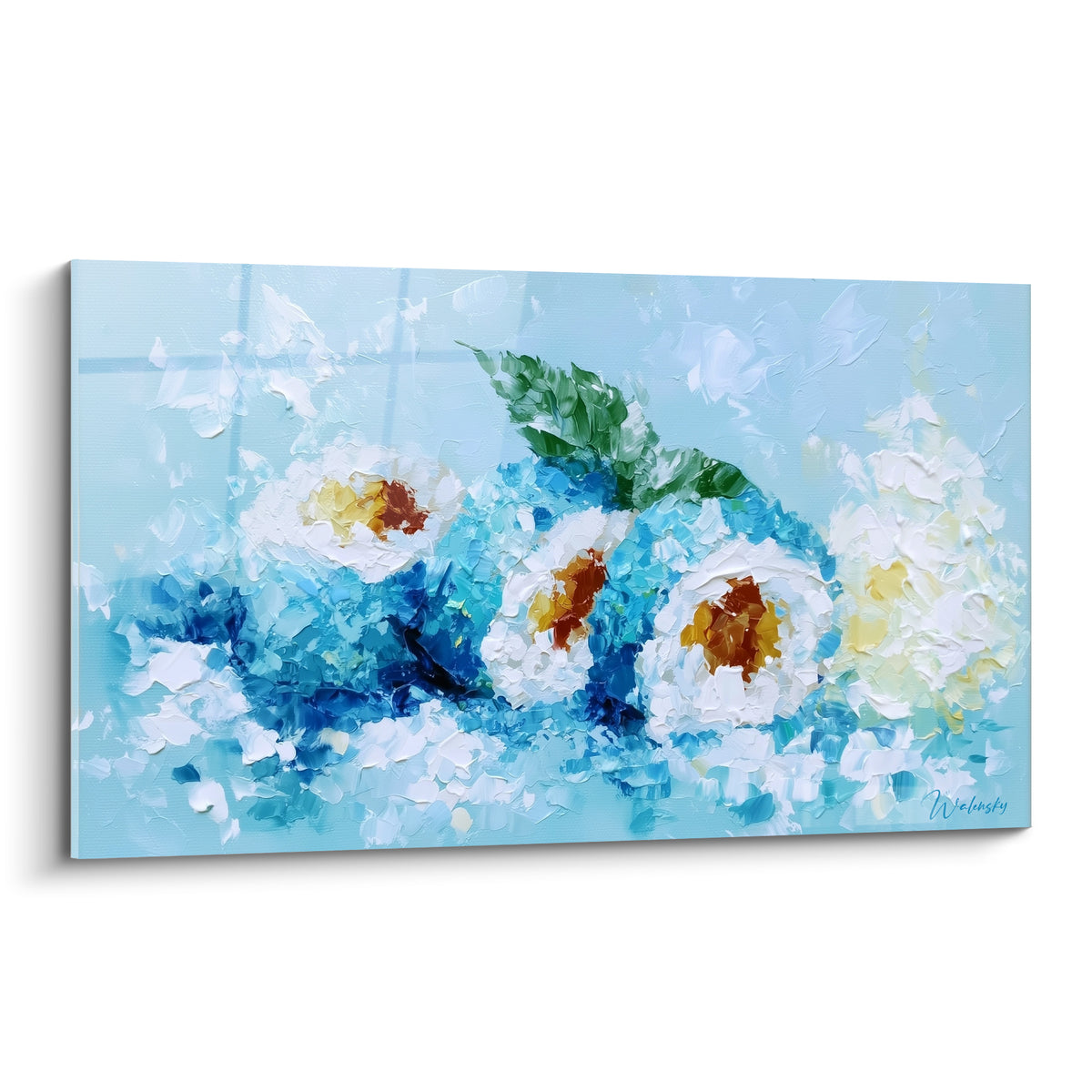 Makis peints en bleu marine et blanc épais, saumon ocre au centre, technique au couteau expressive