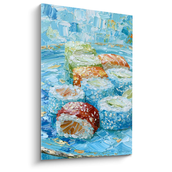 Makis bleu turquoise et corail peints en relief, sésame et saumon sur assiette texturée