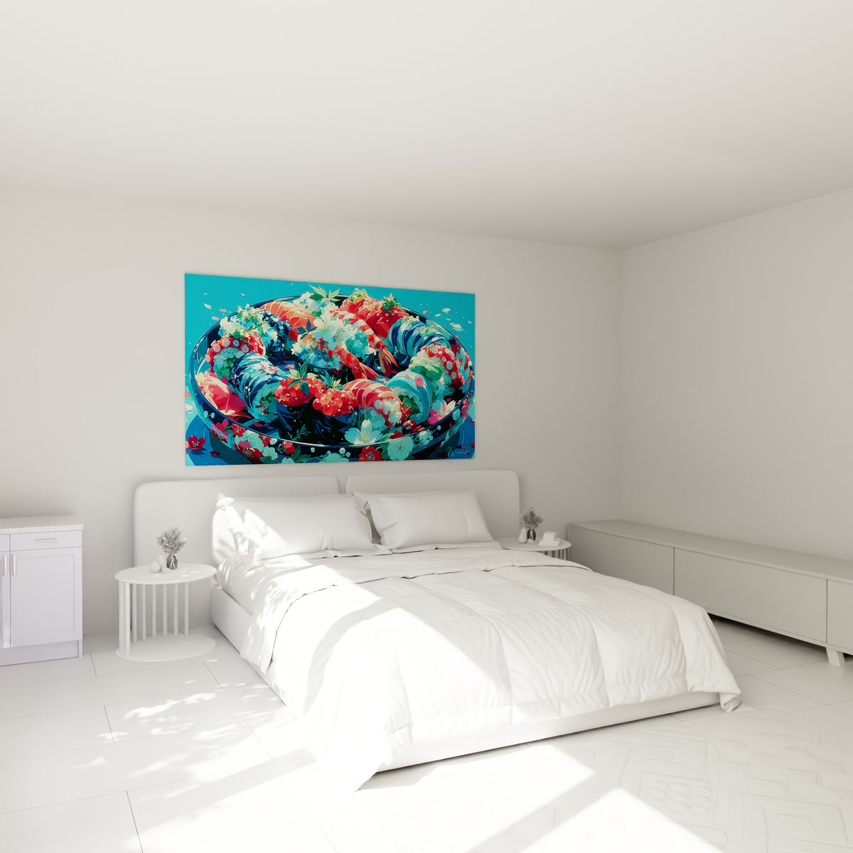 Sashimis et makis colorés rouge et bleu accrochés au-dessus d'un lit dans une chambre claire