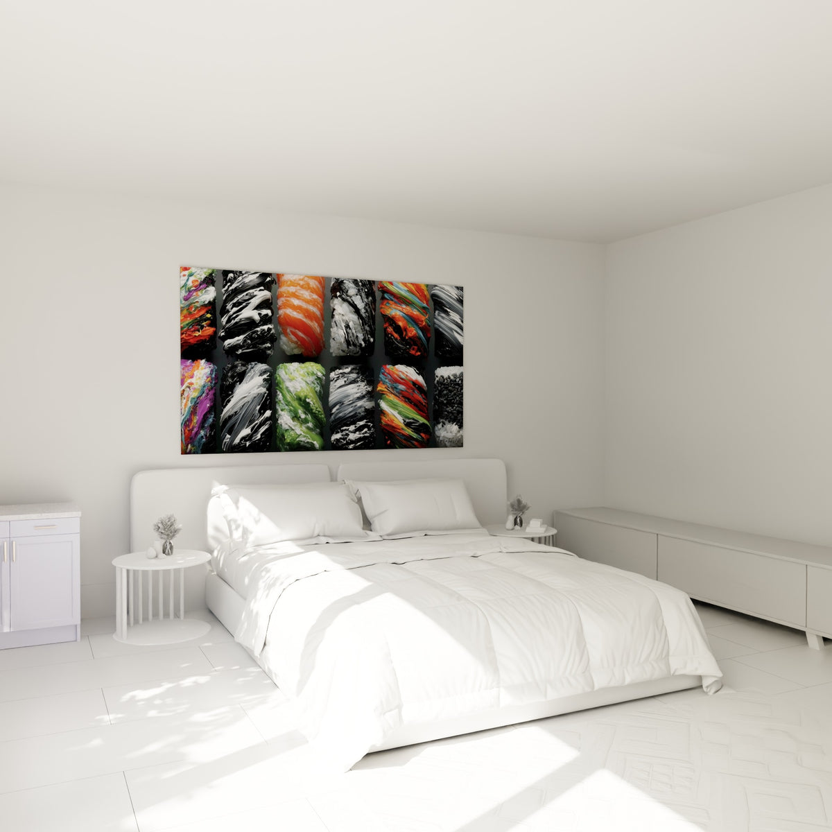 Sushis colorés en douze compartiments noirs et orangés, accrochés au-dessus d'un lit dans une chambre claire